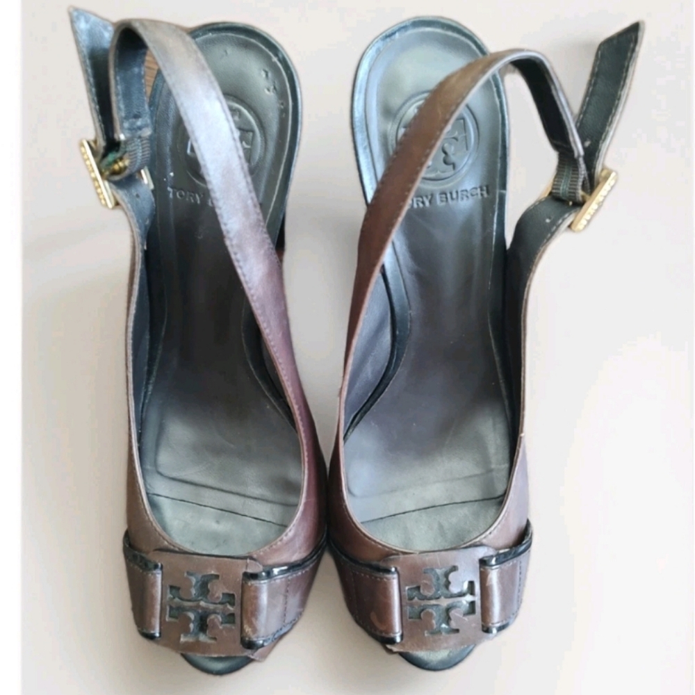 Tory Burch Womens 7M Peep Toe Slingback High Heels Tennyson Brown Leather Pump - Picture 12 of 12